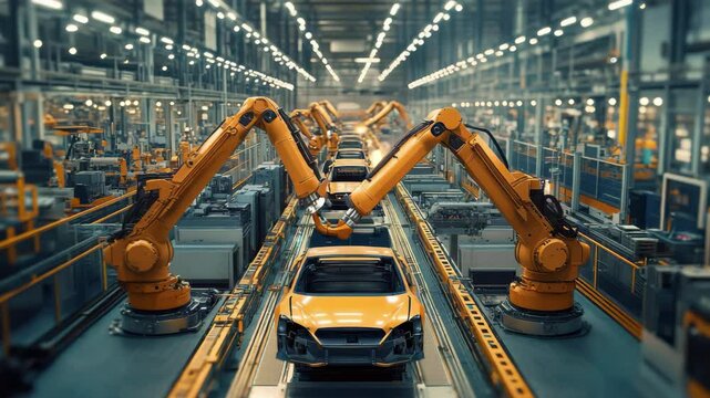 Yellow car bodies on assembly line with robotic arms in automated factory setting production process