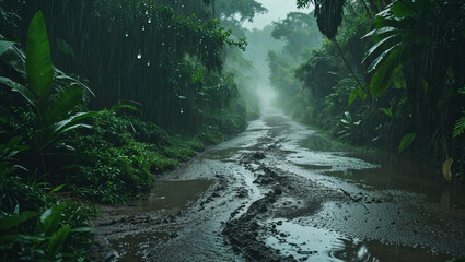 A muddy road through a dense green forest during a rainstorm with water puddles and fog ahead of it