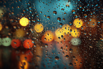 A car window covered in raindrops, with the city lights visible through them