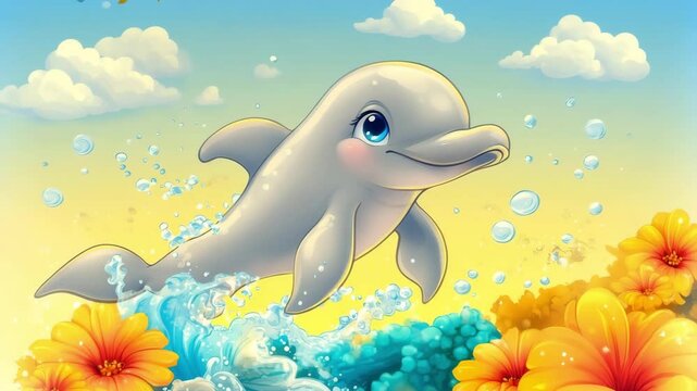 Playful dolphin jumps joyfully in vibrant underwater paradise surrounded by colorful flowers and bright blue skies