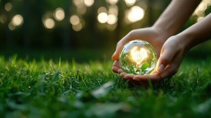 A person's hands cradling a glass globe that symbolizes innovation and sustainability, reflecting the importance of bright ideas in a green environment.
