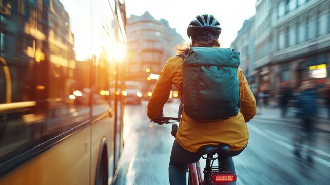 A cyclist navigates city streets at sunset, highlighting the blend of urban life and sustainability while promoting an eco-friendly mode of transportation. - Powered by Adobe