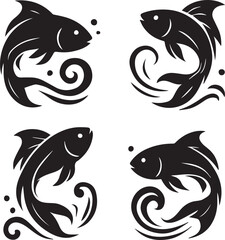 Four Black Silhouettes of Swimming Fish