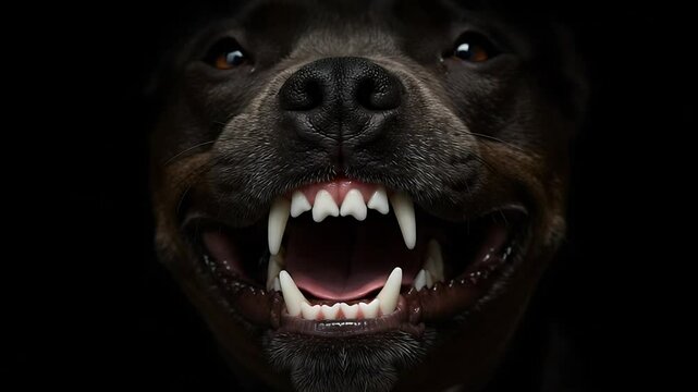 Intense close-up of a menacing dog with sharp teeth, conveying aggression and danger