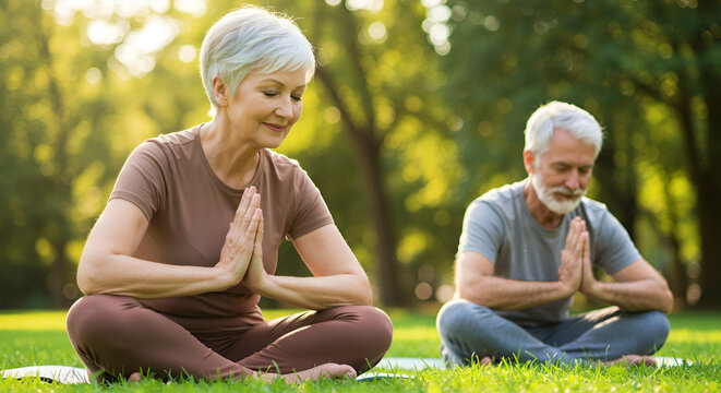 Elderly couple practicing yoga outdoors with peaceful expressions   - Powered by Adobe