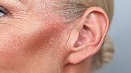 Obraz premium Redness and irritation behind ear on light skin, showing heat rash or skin inflammation with visible texture and fine hair in close up detail
