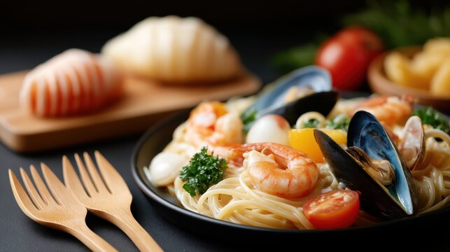 A delectable plate of creamy seafood spaghetti with shrimp, mussels, and clams is artfully presented alongside wooden forks and fresh ingredients for a restaurant menu or food