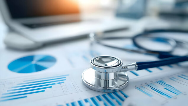 A stethoscope rests on financial documents beside a laptop, symbolizing the intersection of healthcare and finance.