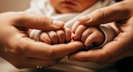 A mother's gentle hands cradle her newborn's tiny fingers - a fragile first bond symbolizing unconditional love and tender beginnings.