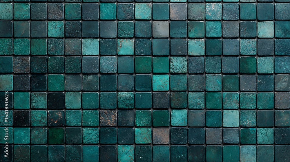 Aufkleber a textured wall made of square turquoise and teal tiles with a rough, aged surface and subtle color 