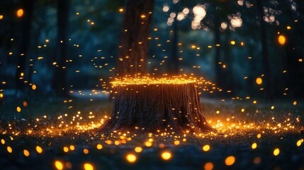 Naklejka premium A gentle swarm of fireflies encircling an old tree stump in a moonlit clearing
