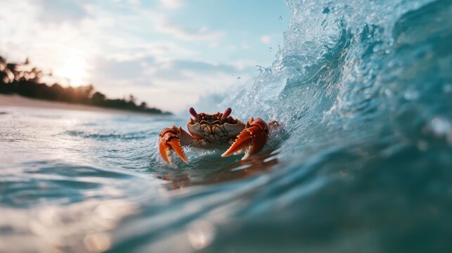 A close-up view of a crab amidst gentle ocean waves under a breathtaking sunset, capturing the beauty of nature and wildlife in a serene beach environment.