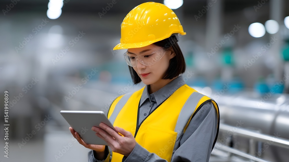 Aufkleber worker using digital tablet to monitor in a factory