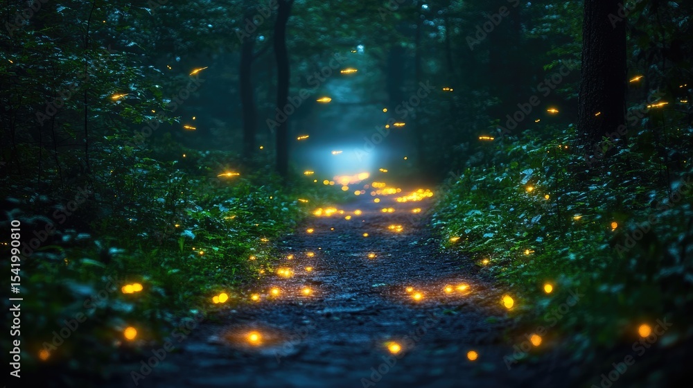 Poster fireflies creating soft trails of light above a damp forest path with fog rising