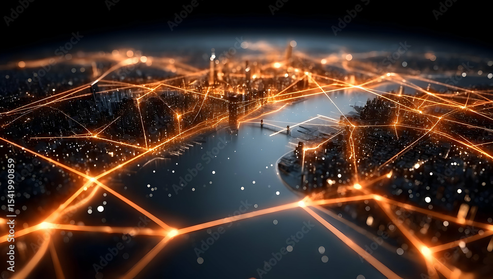 Poster aerial view of a vibrant city illuminated by interconnected lines representing digital networks and 