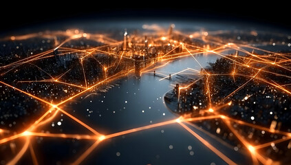 Obraz premium Aerial view of a vibrant city illuminated by interconnected lines representing digital networks and urban innovation.