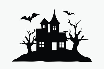 black and white haunted house silhouette with flying bats, spooky trees, vector illustration on white background
