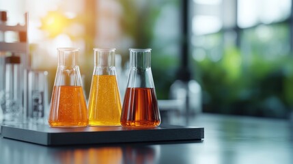 Three laboratory beakers filled with vibrant colored solutions, set against a modern lab backdrop, illustrating the beauty of chemistry in a scientific experiment setting.