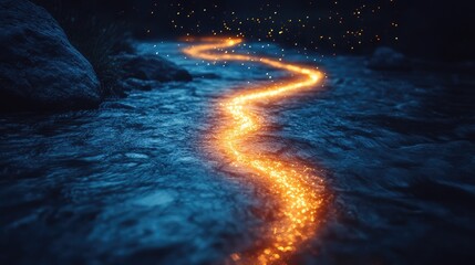 Obraz premium Long exposure effect of fireflies tracing glowing paths above a meadow at night