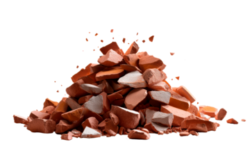 Pile of broken red and white ceramic pieces on transparent background