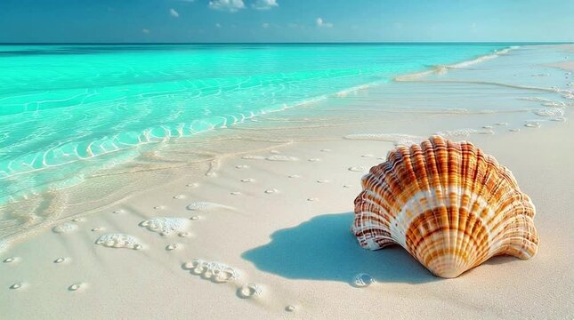 Seashell Serenity: A captivating seashell rests gracefully upon a sun-kissed beach, serenely framed by the calm turquoise waters.