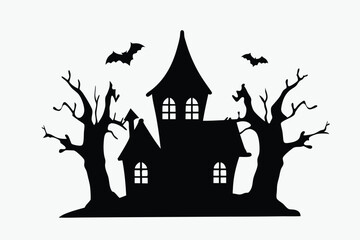 black and white haunted house silhouette with flying bats, spooky trees, vector illustration on white background
