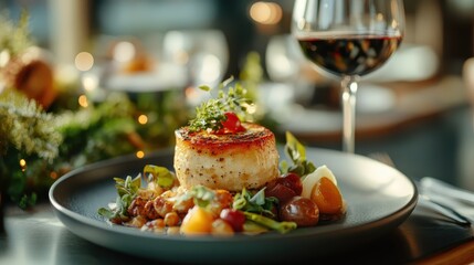A beautifully plated gourmet dish complements a fine glass of red wine, showcasing elegance and culinary artistry in a refined dining setting. Perfect for food lovers.