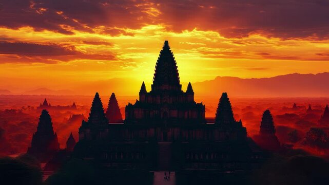 Temple silhouette against a vibrant sunset sky in bagan myanmar with orange and yellow hues landscape view