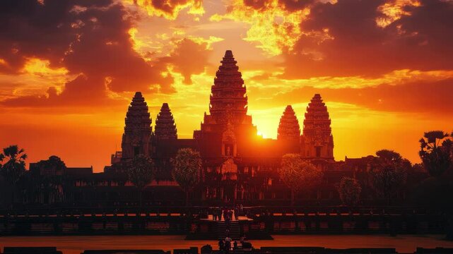 Angkor wat temple silhouette against a vibrant orange sunset sky with dramatic cloud formations