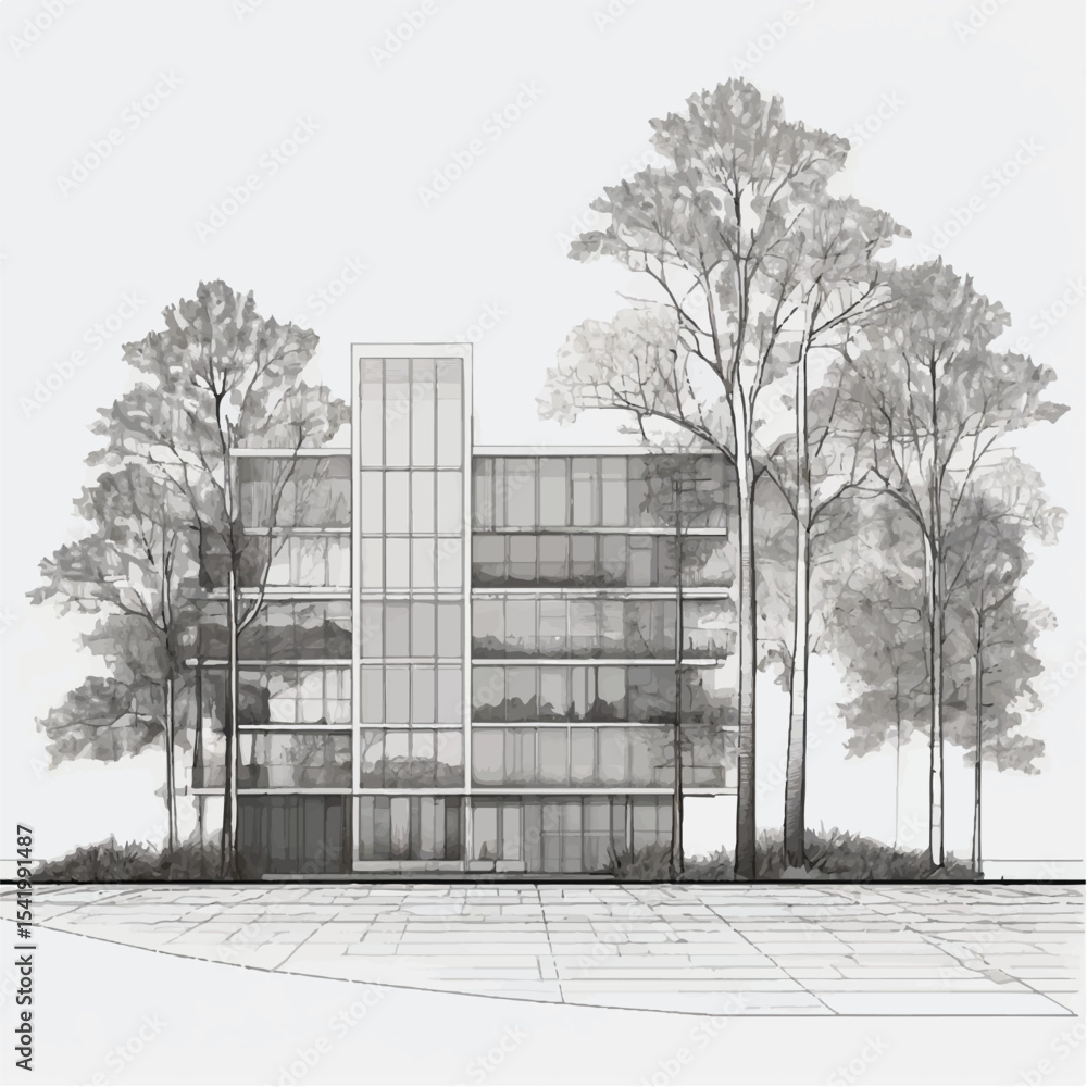 Poster architectural drawings, minimal style cad tree line drawing, side view, plan and section forest outl
