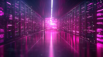 Futuristic server room with neon pink lights, high tech data center, digital network, glowing technology