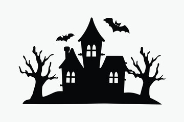 black and white haunted house silhouette with flying bats, spooky trees, vector illustration on white background
