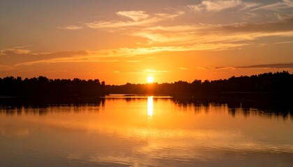Obraz premium Golden hour photo of sunset over a lake, orange sunlight reflects on the water surface