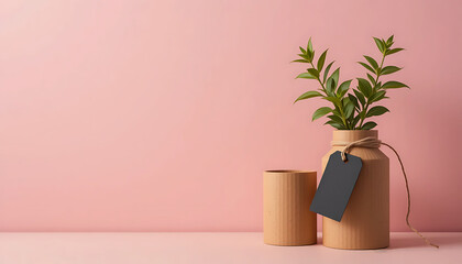 Beige Vase Green Plant Pink Background Blank Tag leaves