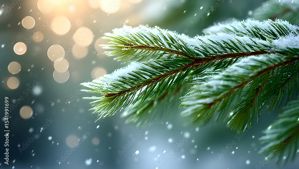 Poster A close-up of a snow-covered pine branch with soft sunlight and sparkling bokeh in the background, evoking winter magic.