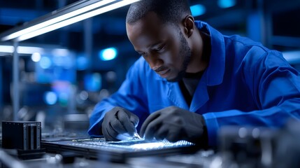 Worker assembling computer parts in a high-tech factory environment