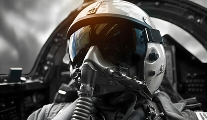 Fototapeta premium Close-up of a pilot wearing a helmet and mask inside a cockpit with dramatic lighting and clouds in the background.