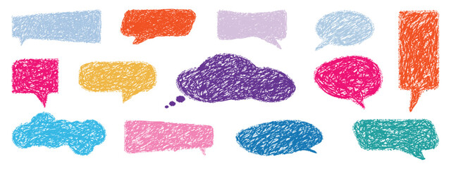 Set of speech bubbles crayon colorful. Colorful crayon drawn cute speech bubbles. Hand drawn chalk pencil dialog balloons. Colorful vector text boxes for dialogue with organic texture in  retro style.
