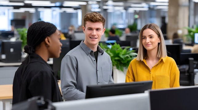 Business colleagues discussing in an open-plan office, collaborative workspace.