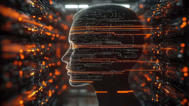 Neon outline of human head with electric circuits, digital face, glowing lines, futuristic, technology, artificial intelligence - Powered by Adobe