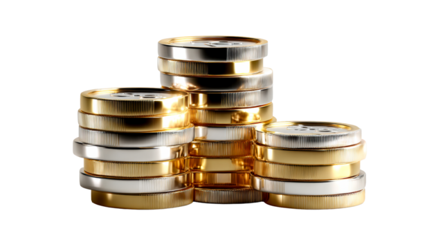 Stacked metallic tokens on a transparent background