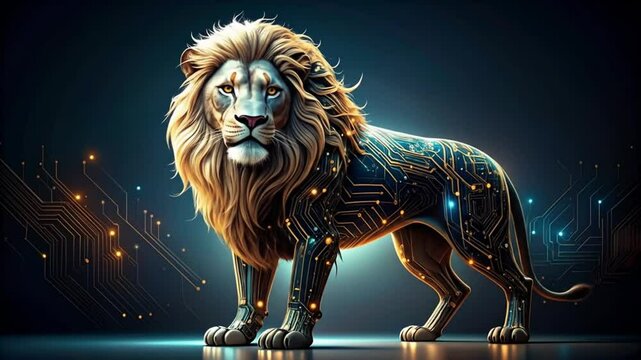 A majestic lion, rendered in a futuristic, cybernetic style.  Circuit board patterns adorn its body, while glowing lights accentuate the design