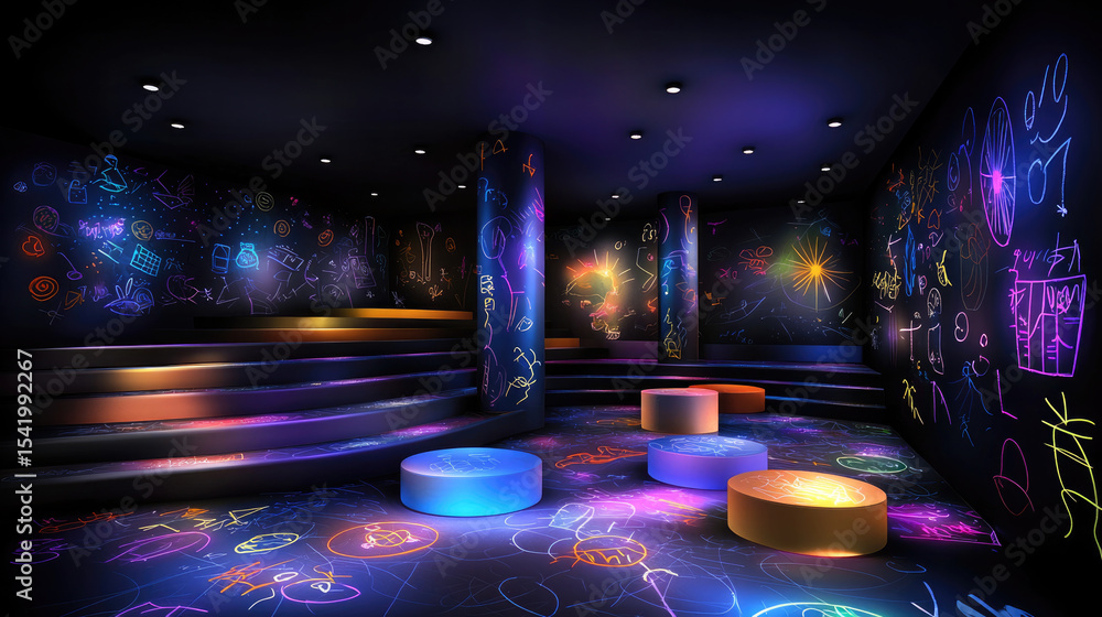 Poster neon lit brainstorming cave with idea sketches on wall, glowing stools, creative atmosphere, futuris