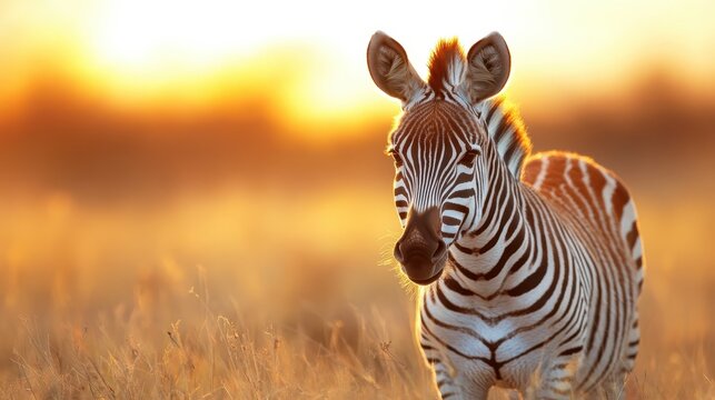 A striking close-up of a curious zebra standing gracefully in sunlit tall grass, showcasing its unique stripes against a warm and inviting golden backdrop.
