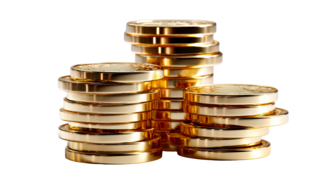 Gold coins stacked in multiple layers on transparent background