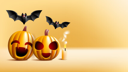 Halloween Background with Smiling jackolanterns, bats, and candle. Perfect for spooky holiday backgrounds, product designs, or social media posts.