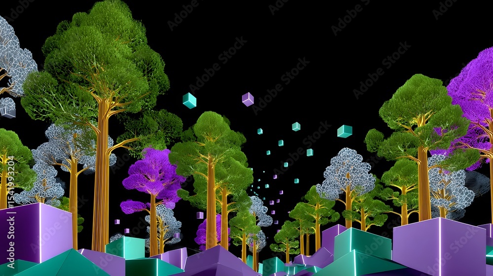 Poster glowing digital forest with floating geometric shapes