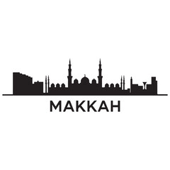 Makkah skyline horizontal banner. Makkah, Saudi Arabia. Vector template for your design. Vector black silhouette. with white background