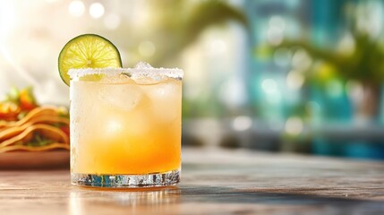 A vibrant cocktail sits on a rustic table, adorned with ice and a fresh lime slice, evoking feelings of relaxation and enjoyment ideal for a sunny day by the beach or patio.