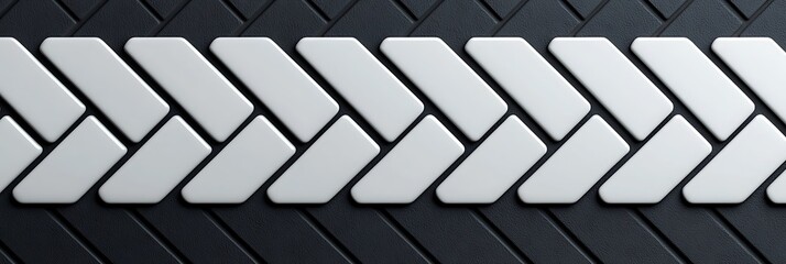 A close-up of a row of metallic, overlapping arrow-shaped tiles arranged on a textured dark surface.